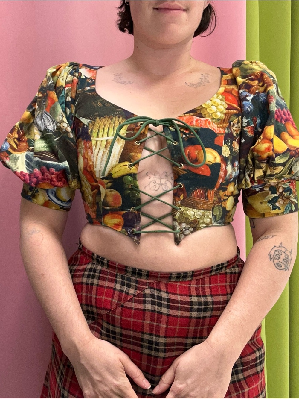Samantha Pleet Multi-Colored Fruit Print Lace-Up Corset Crop Top Puffy Sleeves - Picture 5 of 9